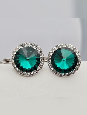 Emerald Green Austrian Crystal Dangle Earrings Leverback 1" Sparkly Elegant